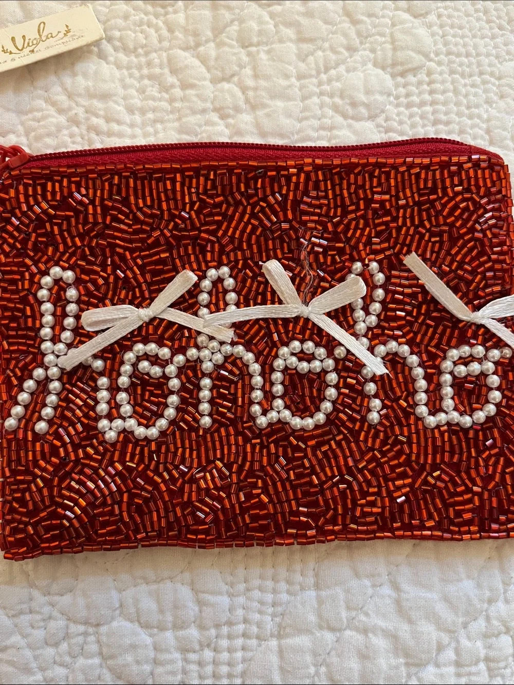 Viola Beaded Red Christmas “Hohoho” Wristlet Pouch with Pearl Accent: Super Cute
